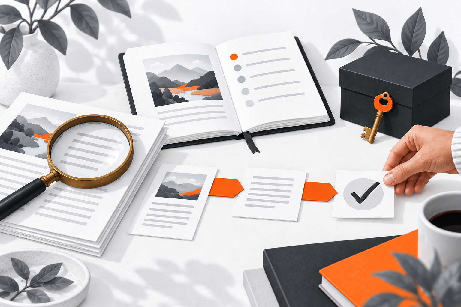 An illustrated workbench with a notebook, magnifying glass, key, and checked document, representing human review of an AI assistant.